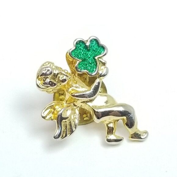 Vintage Little Guardian Angel Pin with Green Shamrock Clover, Good Luck, Estate - Picture 1 of 5